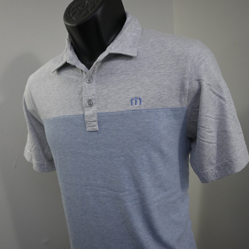 TravisMathew Polo Mens S Gray Blue Striped Short Sleeve Cotton Modal Blend